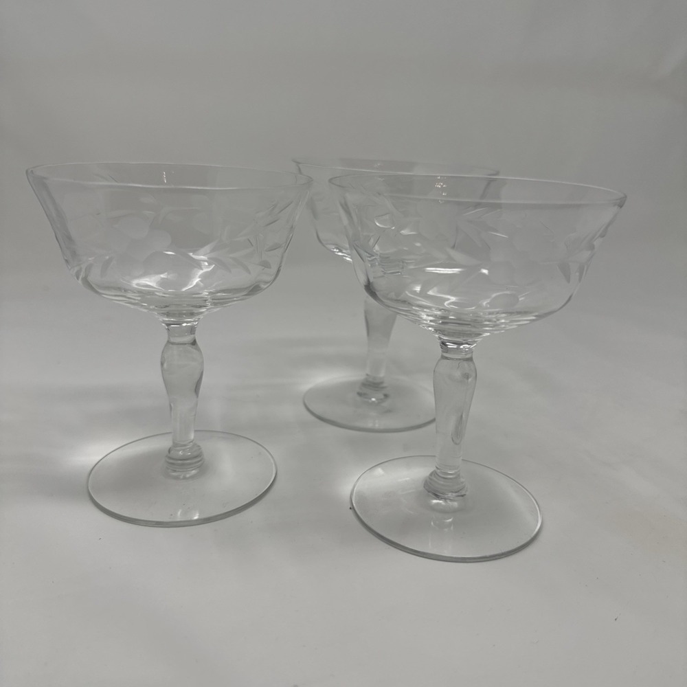 Vintage Set of 3 Etched Glass Floral Coupe Wine Champagne Glasses Dessert‎